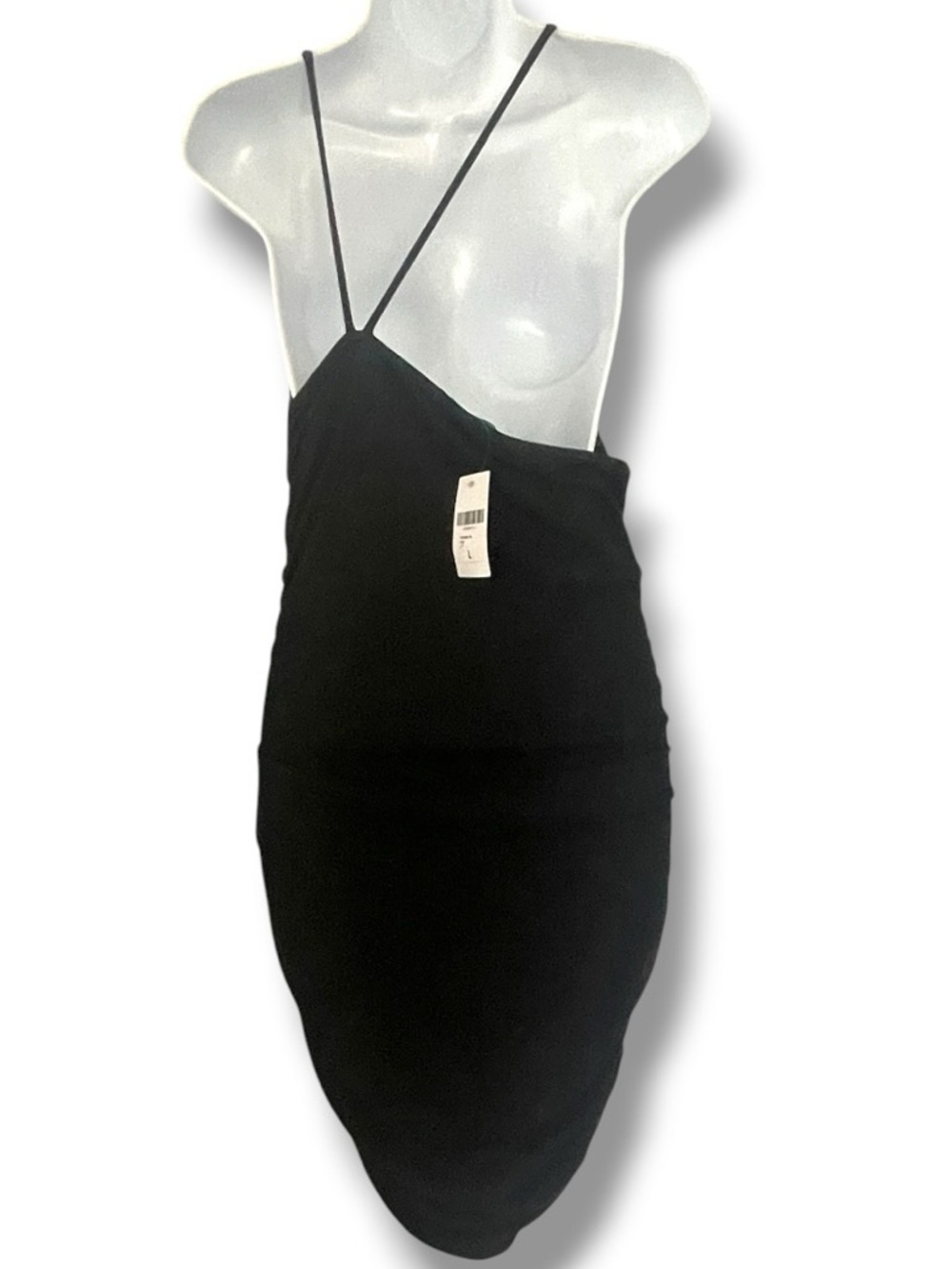 Forever 21 Black Ruched Bodycon Midi Dress Strappy Stretch Minimalist Y2K Size L - Picture 4 of 8